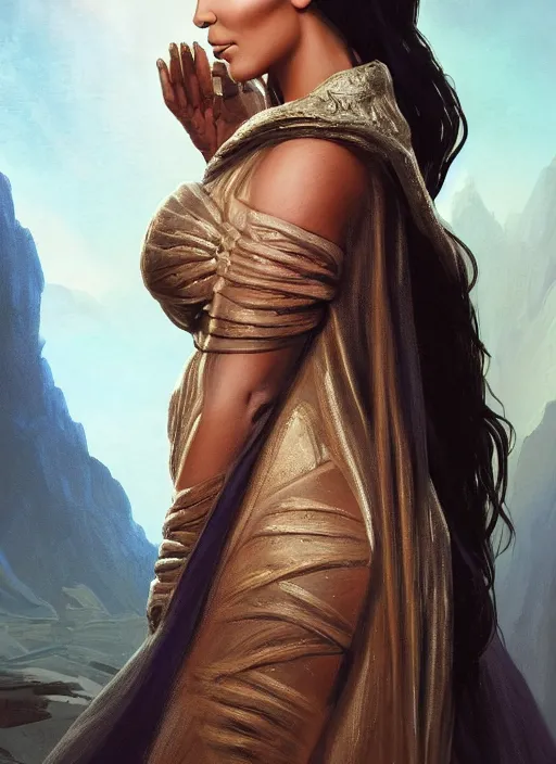 Image similar to A film still of kim kardashian as princess leigha in star wars, highly detailed, digital painting, artstation, concept art, sharp focus, illustration, cinematic lighting, art by artgerm and greg rutkowski and alphonse mucha diffuse lighting, fantasy, intricate, elegant, highly detailed, lifelike, photorealistic, digital painting, artstation, illustration, concept art, smooth, sharp focus, art by John Collier and Albert Aublet and Krenz Cushart and Artem Demura and Alphonse Mucha