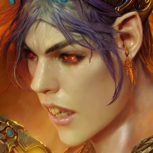 Image similar to night elf warden world of warcraft fantasy character design close up, wide angle, ultra realistic, intricate details,, highly detailed, abstract art piece by gaston bussiere, craig mullins, j. c. leyendecker krysdecker