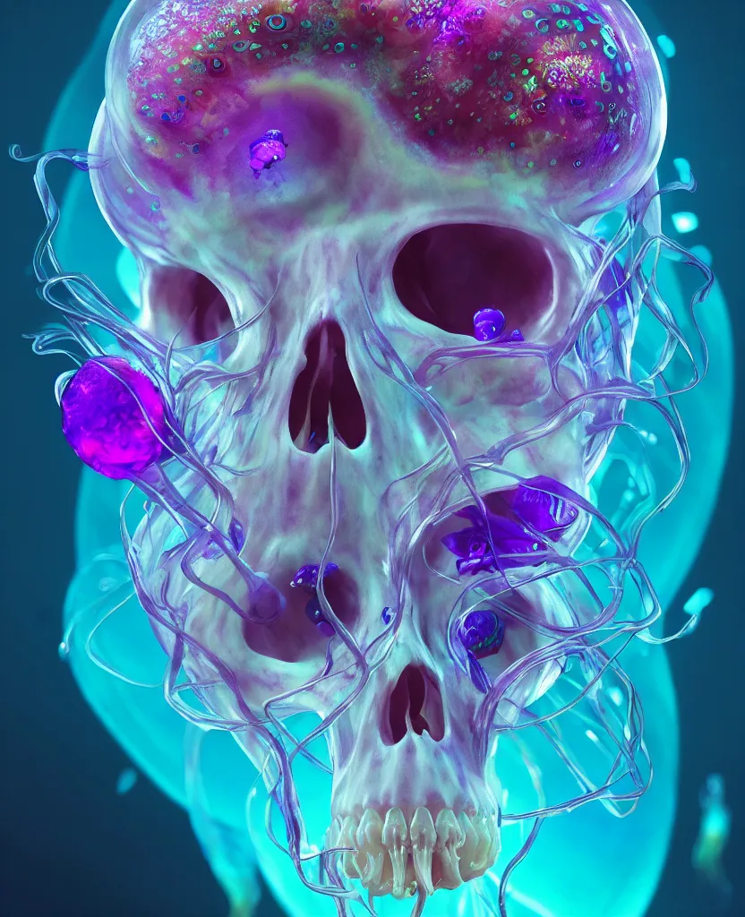 Image similar to close-up portrait of skull dichroic orchid jellyfish skull, betta fish, bioluminiscent creatures, intricate artwork by Tooth Wu and wlop and beeple. octane render, trending on artstation, greg rutkowski very coherent symmetrical artwork. cinematic, hyper realism, high detail, octane render, 8k