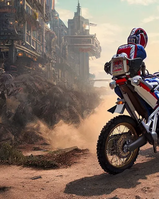 Image similar to honda africa twin from bioshock, hyper realistic, ambient lighting, concept art, intricate, hyper detailed, smooth, volumetric lighting, octane