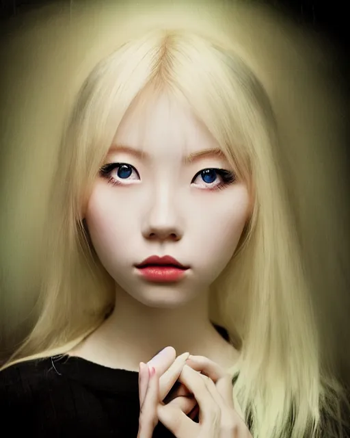 Prompt: lazy eye beautiful hyper realistic photograph of pretty blonde korean girl alice,, dramatic lighting alice in wonderland, dj sura face, artgerm, ilya kuvshinov, kodak photograph, wetplate, overexposed