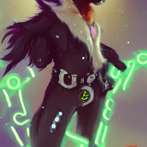 Prompt: wide angle beautiful full body portrait of a cute male anthropomorphic anthro border collie fursona wearing cowboy outfit in a neon metropolis, character design by charlie bowater, henry asencio, and ross tran, furry art, furaffinity, beautiful, glamor pose, detailed, aesthetic, trending on artstation