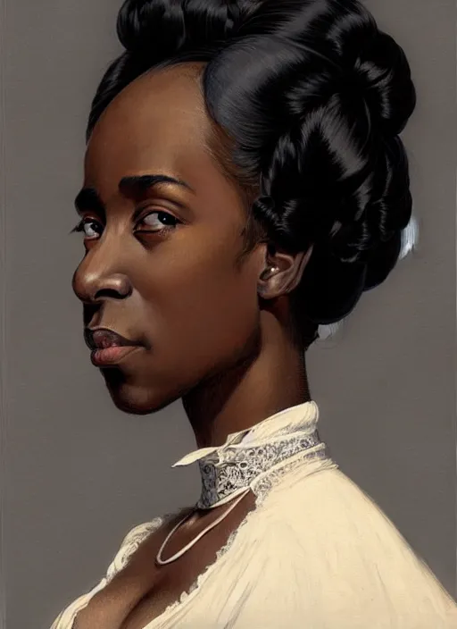 Image similar to a portrait of a young black woman with a crooked nose in victorian clothing, confident pose, intricate, elegant, sharp focus, illustration, highly detailed, concept art, matte, trending on artstation, anime, art by james jean and artgerm and brian despain and alberto mielgo, greg rutkowski, wlop, ilya kuvshinov, strong strokes