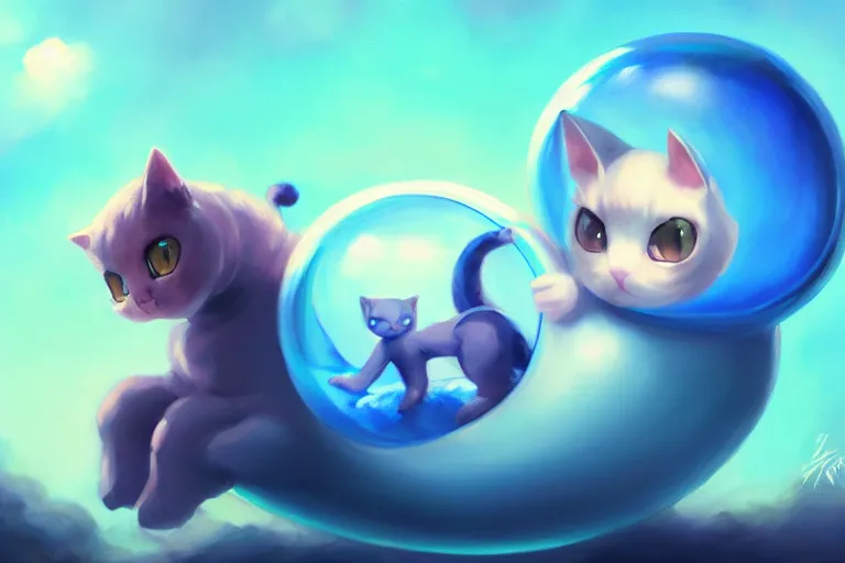 Image similar to cinematic portrait of cute Mew riding large blue bubble, oil on canvas, masterpiece, trending on artstation, featured on pixiv, cinematic composition, dramatic pose, beautiful lighting, sharp, details, hyper-detailed, HD, HDR, 4K, 8K