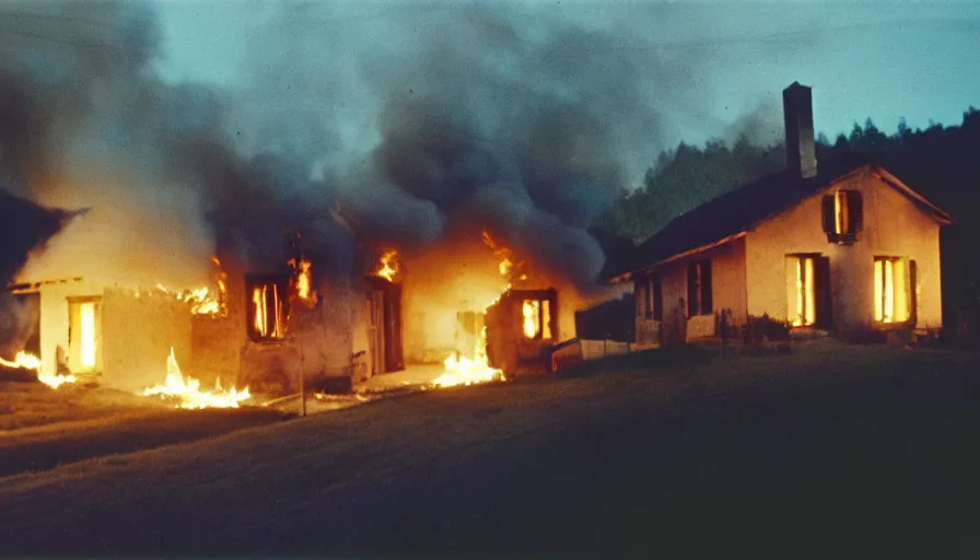 Image similar to 1 9 7 0 s movie still of a burning french style house in a small french village by night, cinestill 8 0 0 t 3 5 mm, heavy grain, high quality, high detail, dramatic light, anamorphic, flares