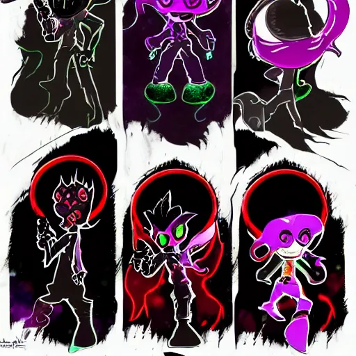 Image similar to character design sheets for a new vampire squid character, artwork in the style of splatoon from nintendo, art by tim schafer from double fine studios, black light, neon, spray paint, punk outfit, tall thin toothpick like frame adult character, fully clothed, gothic, color explosion, sparkles and glitter, pop art