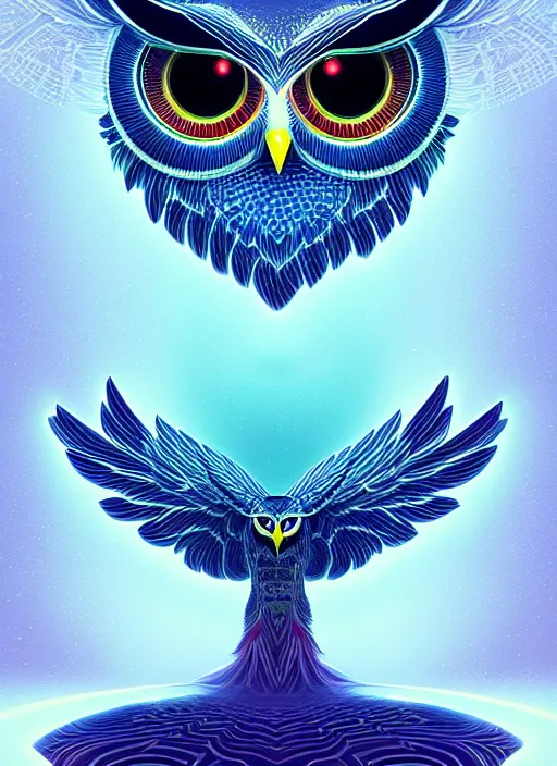 Image similar to symmetry!! product render poster vivid colors divine proportion owl, 神 圣, glowing fog intricate, elegant, highly detailed, digital painting, artstation, concept art, smooth, sharp focus, illustration,