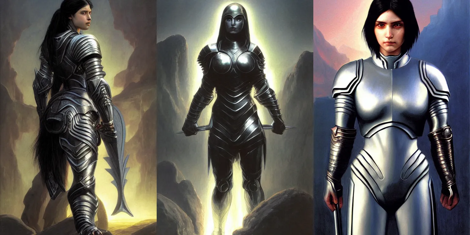 Prompt: beautiful female warrior, half body portrait, black hair, light silver armor, by Thomas Cole and Wayne Barlowe and Boris Valejo