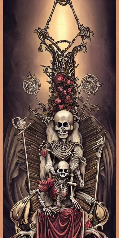 Prompt: tarot card render of a skeleton sitting on a throne, poster art by James Jean, Joe Fenton, Lise Deharme, Anne Stokes, Brian Despain, Petros Afshar behance contest winner, gothic art, , apocalypse art, behance hd, macabre poster art,