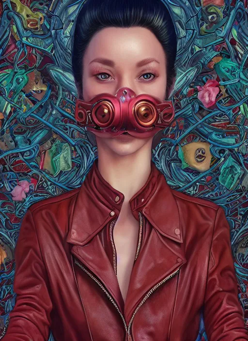 Image similar to skintight leather jacket : : by martine johanna and simon stalenhag and chie yoshii and casey weldon and wlop : : ornate, dynamic, particulate, rich colors, intricate, elegant, highly detailed, centered, artstation, smooth, sharp focus, octane render, 3 d