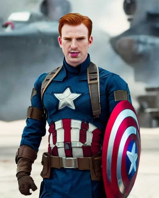 Image similar to film still close - up shot of ginger chris evans as captain america from the movie captain america : the first avenger. photographic, photography