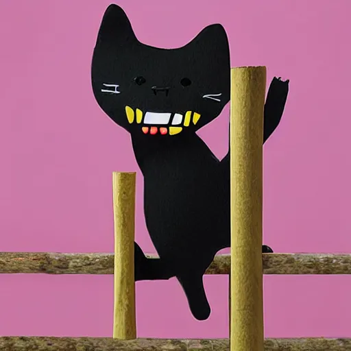 Prompt: highly detailed and photorealistic anthropomorphic chubby black cat dancing around a long and thin scratchpost