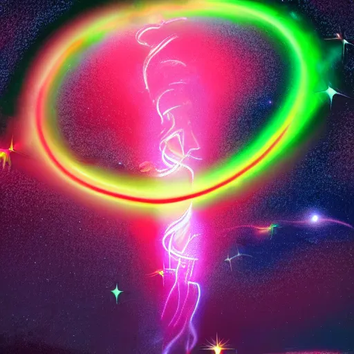 Prompt: a tornado made of neon lights sucking in the last of the stars in the universe, astrophotography, art nouveau, decorative background, digital art, trending on artstation