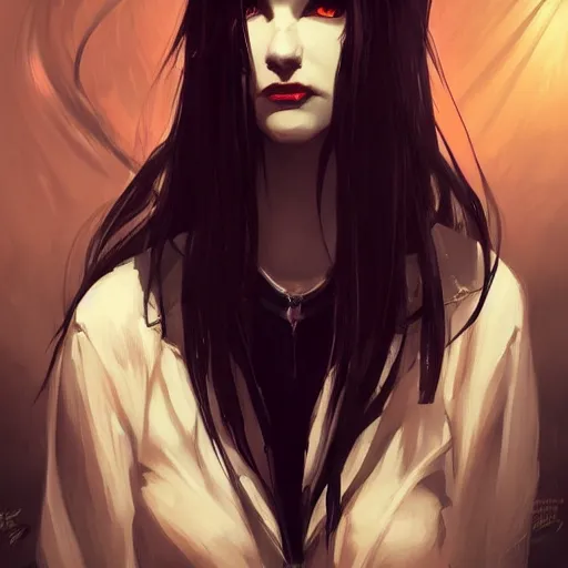 Image similar to female human vampire witch in the style of greg rutkowski, makoto shinkai, trending on artstation, character design, concept art, pretty face, highly detailed, long black hair, portrait, digital art