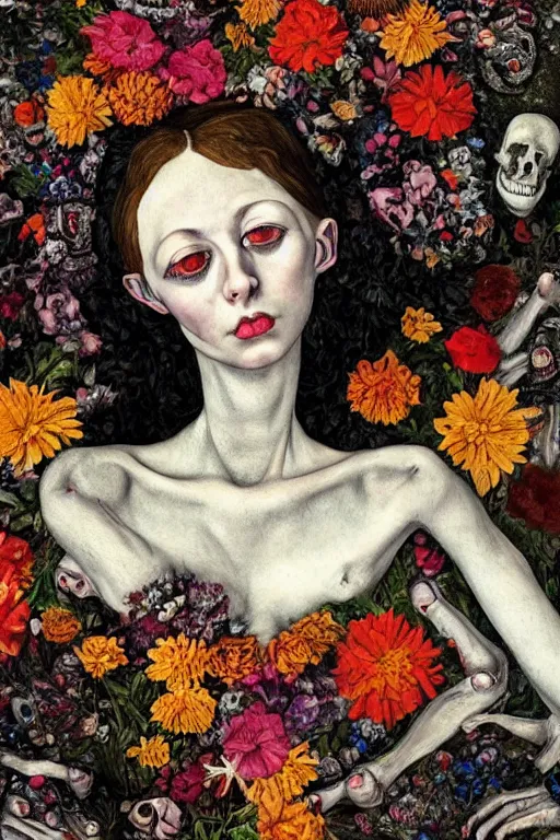 Prompt: a woman laying ing on a bed of flowers and bones, large eyes and lips, HD Mixed media collage, depth of field, highly detailed and intricate, surreal illustration in the style of Caravaggio and Egon Schiele, baroque dark art