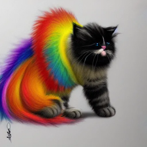 Image similar to wide angle full body, of a fluffy cute rainbow kitten wearing a black motorcycle jacket, concept art