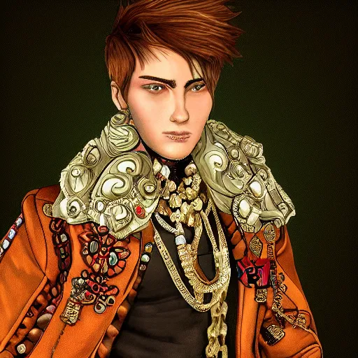 Image similar to a character model design of a handsome rebellious young man wearing excessive jewelry in an ornate and elegant way