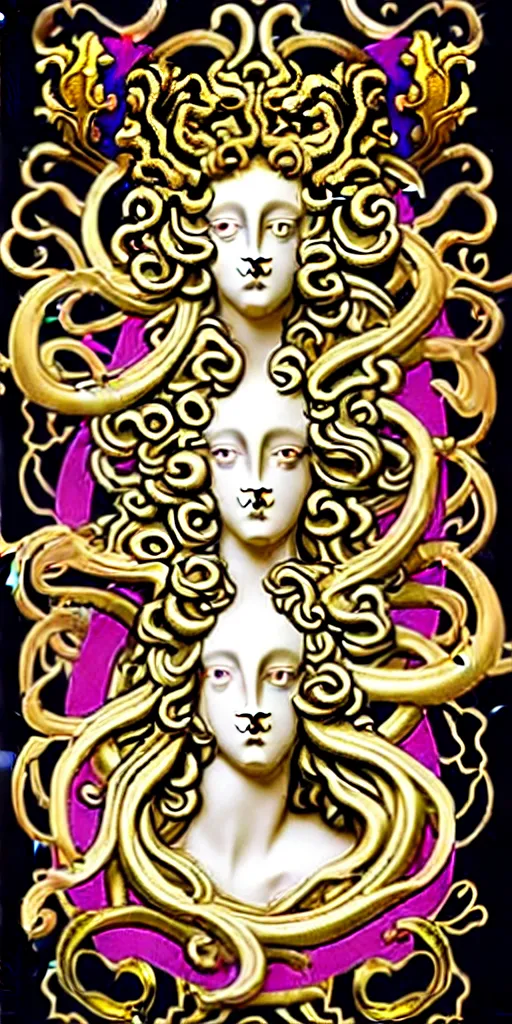 Image similar to the source of future growth dramatic, elaborate emotive Golden Baroque and Rococo styles to emphasise beauty as a transcendental, seamless pattern, symmetrical, large motifs,versace medusa logo in centre, bvlgari jewelry, rainbow syrup splashing and flowing, Palace of Versailles, 8k image, supersharp, spirals and swirls in rococo style, medallions, iridescent black and rainbow colors with gold accents, perfect symmetry, High Definition, photorealistic, masterpiece, 3D, no blur, sharp focus, photorealistic, insanely detailed and intricate, cinematic lighting, Octane render, epic scene, 8K