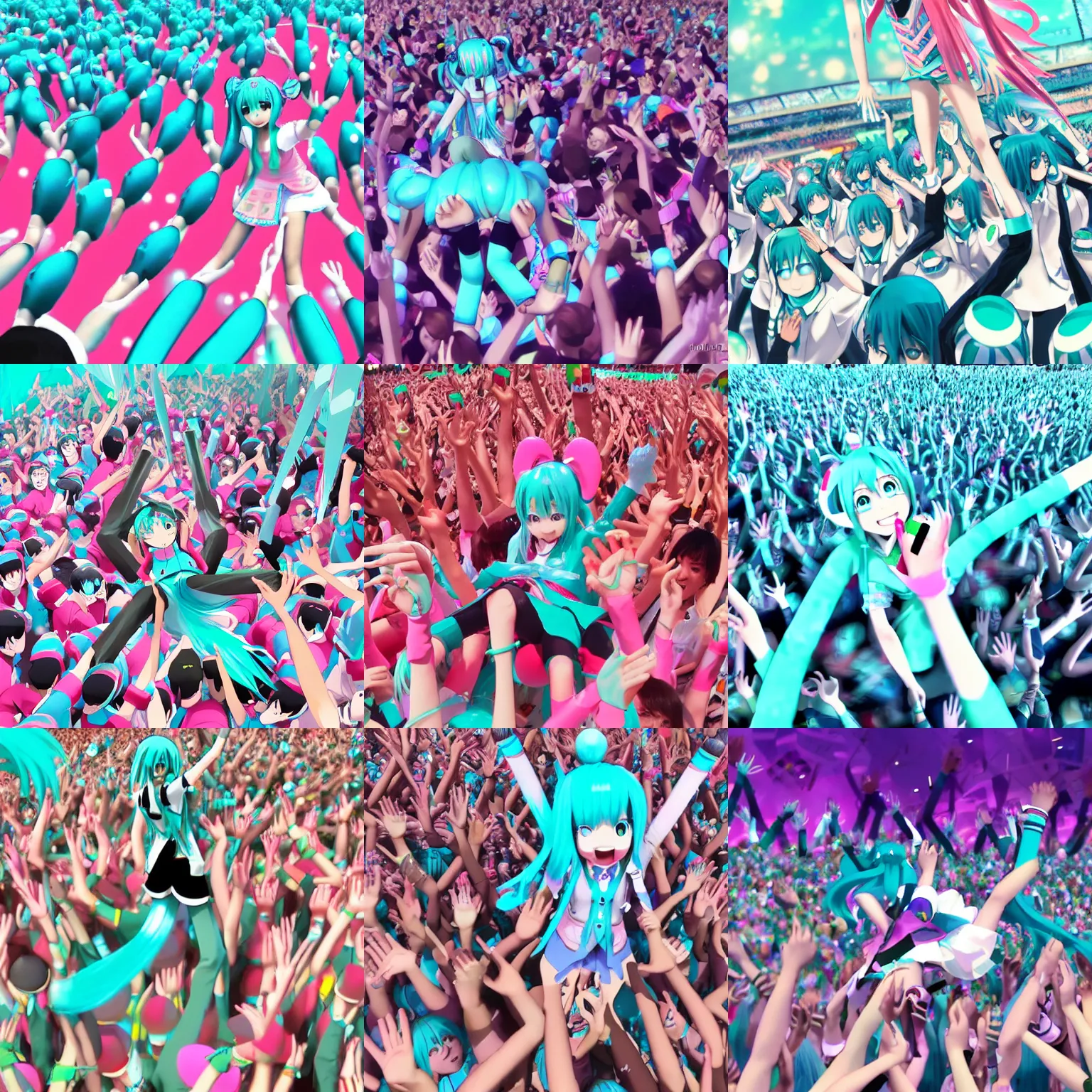Prompt: Hatsune Miku crowd-surfing, anime, colourful, Hatsune Miku, highly detailed