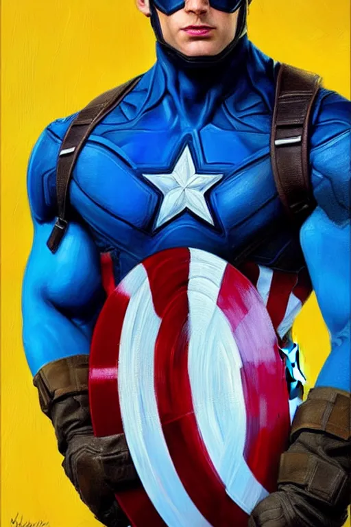 Image similar to hyperrealistic painting of Captain America in blue and yellow colors, oil on canvas, in the style of J.C. Leyendecker, Ross Tran and WLOP, 4k, smooth, sharp focus, extremelydetailed