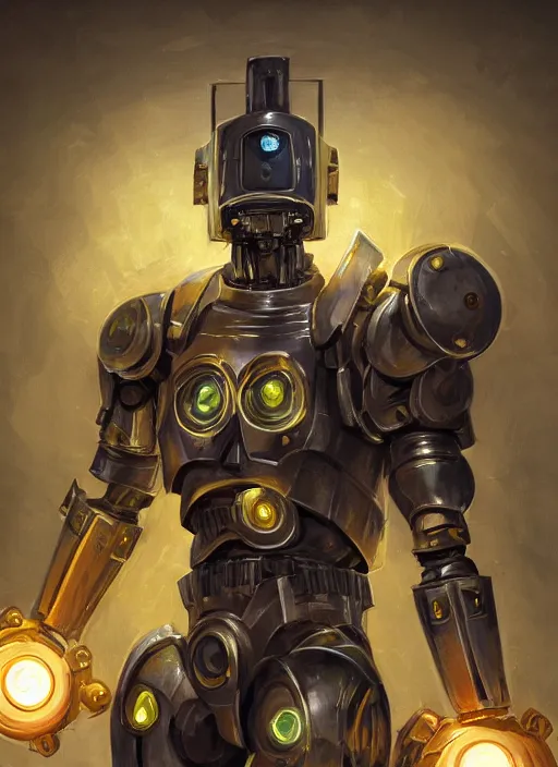 Image similar to full body, dynamic attack position abstract portrait of a intricate glorious holy mechanical warforged with circular glowing eye, character in yellow armor holding a paladin engraved great longsword drawn and carrying a big paladin shield, face in focus, pit droid, epic , trending on ArtStation, masterpiece, cinematic lighting, by Ross Tran and by Greg Rutkowski