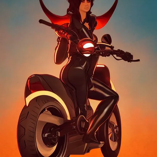 Prompt: a woman riding a motorcycle with demon horns, comicbook art masterpiece, by denys cowan and ilya kuvshinov and greg rutkowski, realistic faces and anatomy, trending on pixiv