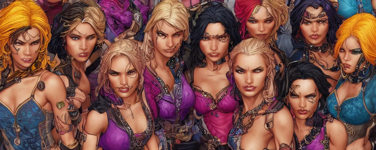 Image similar to a group of six female thieves with unique styles of dress, varying skin tones, and hair colours, bold and colourful, symmetrical facial features, 8 k intricate detail, detailed faces, beautiful, arnold rendering, art by pepe larraz,