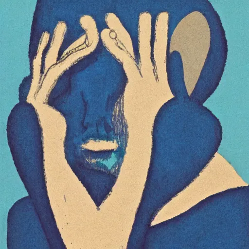 Prompt: matte portrait of a depressed man, by jack gaughan, minimalist illustration, blue color scheme