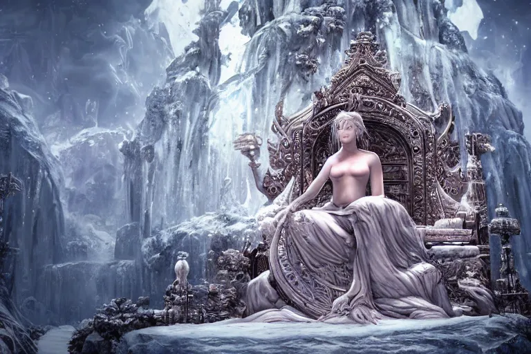 Prompt: a female goddess sitting on a throne in an icy realm at a shrine to worship her at, intricately detailed, physically based rendering, realistic, in the style of WLOP, illustration, epic, fantasy, hyper detailed, smooth, unreal engine, sharp focus, ray tracing