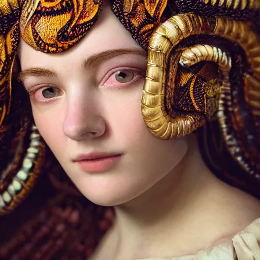 Image similar to kodak portra 4 0 0, 8 k, artstation, soft light, volumetric lighting, highly detailed, britt marling style 3 / 4 extreme close - up portrait photography of a beautiful woman pre - raphaelite, inspired by thandiwe muriu, royal woman wearing ornate art nouveau orchid headdress, realistic, refined, highly detailed