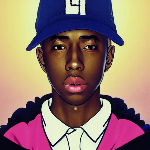 Prompt: tyler the creator, anime style, wearing hat, birthday balloon, fashion clothing, shoulder eyes, last exile anime, symmetrical facial features, from arknights, hyper realistic, 4 k, rule of thirds, extreme detail, detailed drawing, trending artstation, realistic lighting, by alphonse mucha, greg rutkowski, short neck