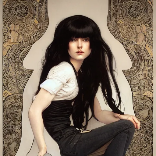 Image similar to A young woman with black and white colored long hair and bangs in shorts and white shirt drawn by Donato Giancola Adam Hughes and Jon Foster, frank frazetta, alphonse mucha, background by James Jean and gustav klimt, 4k, volumetric lighting, french nouveau, trending on artstation, octane render, hyperrealistic