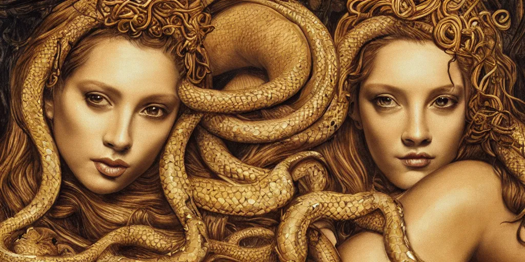 Image similar to realistic portrait of beautiful medusa with her snakes, golden, delicate, facing camera, hyper realism, 1 4 5 0, ink, ultra realistic, 8 k