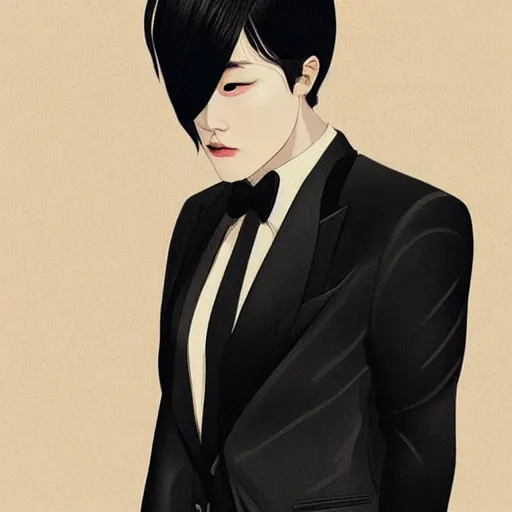 Image similar to portrait of a beautiful korean girl wearing a men's tuxedo, with short messy hair, men's haircut, angular features, angry expression, digital art, elegant pose, detailed illustration