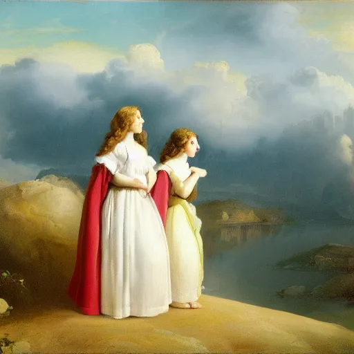 Image similar to two beautiful girls wearing white dresses john martin landscape