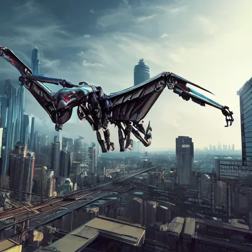 Image similar to photorealistic, long shot, robot mecha pterodactyl flying over a city, cyberpunk, daylight