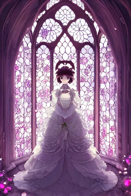 Prompt: a beautiful hyperdetailed physical render of absolutely beautiful princess that wear rose flower wedding gothic lolita dress clothing stay in blooming flower house alone, beutiful symmetry face, cute symmetry eye, dazzling light beam penetrated through the window, perfectly shaded, atmospheric lighting, style of makoto shinkai, raphael lacoste, louis comfort tiffany, artgerm, james jean, ross tran