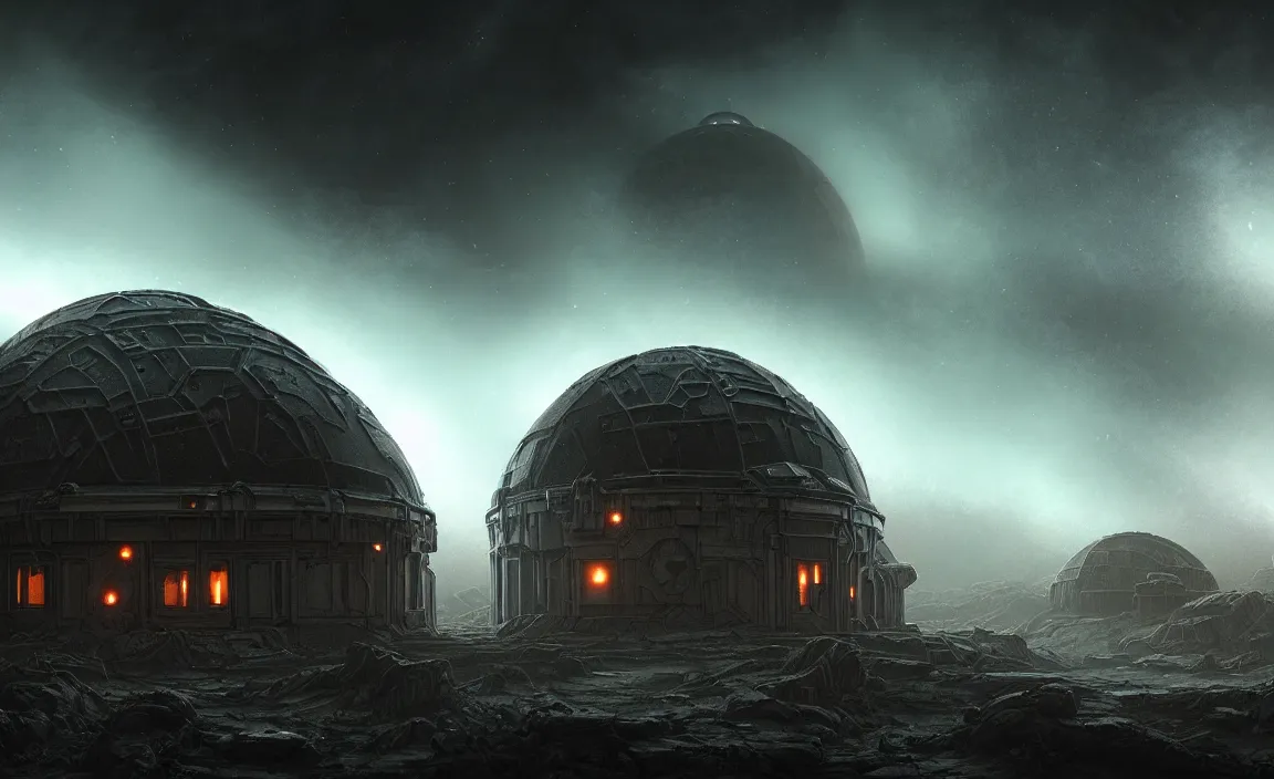 Image similar to epic professional sci - fi digital art of ruined cottagecore domed planetary outpost, eerie atmospheric lighting, painted, detailed, intricate, impressive, foreboding, by leesha hannigan, wayne haag, reyna rochin, iris van herpen, hdr, 8 k, epic, stunning, gorgeous, much wow, cinematic, masterpiece