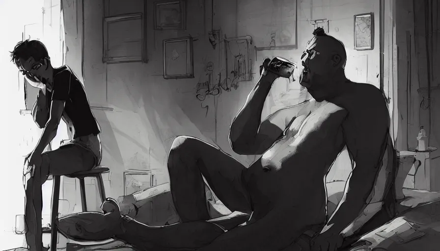 Prompt: a skinny fat depressed man sitting in his dark and dirty apartment, bottles of alcohol next to him, by artgerm, by charlie bowater, by atey ghailan, by mike mignola, vibrant colors and hard shadows and strong rim light, very coherent, comic cover art, plain background, trending on artstation