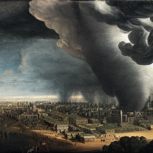 Prompt: a tornado made of dollar bills with dark clouds and city in the background by Ansel Adams and Bernardo Bellotto, oil on canvas, artstation, dramatic scenery, masterpiece, aesthetic