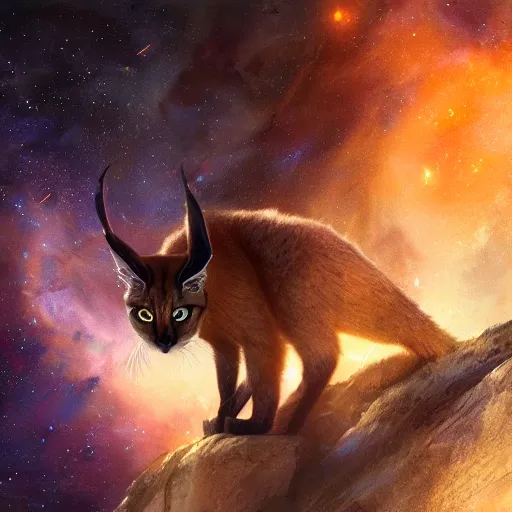 Prompt: a cute caracal, wearing a coat made of stars and nebulae, dramatic, volumetric lighting, planets in the background, smooth, sharp focus, very detailed, by greg rutkowski, artstation, tom badshaw, 8 k, symmetrical face