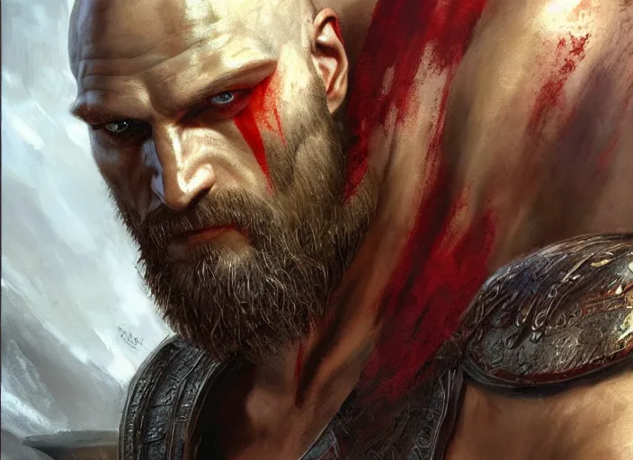 Prompt: a highly detailed beautiful portrait of alexander skarsgard kratos hybrid god of war, by gregory manchess, james gurney, james jean, octane, fantasy