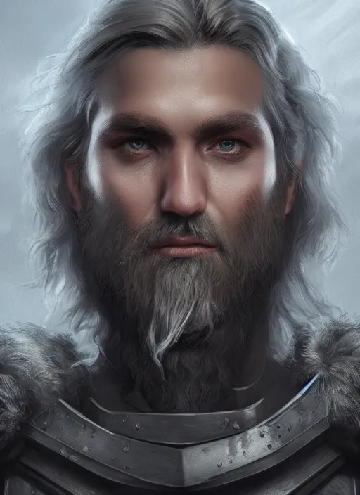 Image similar to an epic fantastic realism comic book style portrait painting of an aasimar paladin, male, shaggy silver hair, short brown beard, intense face, d & d concept art, unreal 5, daz, petrol aesthetic, octane render, cosplay, rpg portrait, dynamic lighting