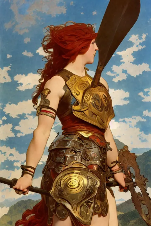 Image similar to full - body matte portrait of a legion of red haired lesbian valkyries in a heroic pose and wearing thick bronze plate armor at the top of a mountain holding a spear made of lightning, art by albert bierstadt, alphonse mucha, andreas rocha, greg rutkowski, sharp edges. ultra clear detailed. 8 k. elegant. octane render