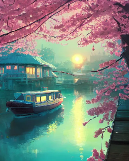 Image similar to a houseboat on the river | cherry - blossoms | highly detailed | very intricate | serene romantic fantasy whimsical magical | professional cinematic lighting | bokeh | dusk | studio ghibli | award - winning | matte painting by anton fadeev and paul lehr and rhads and alena aenami | pastel color palette | featured on artstation