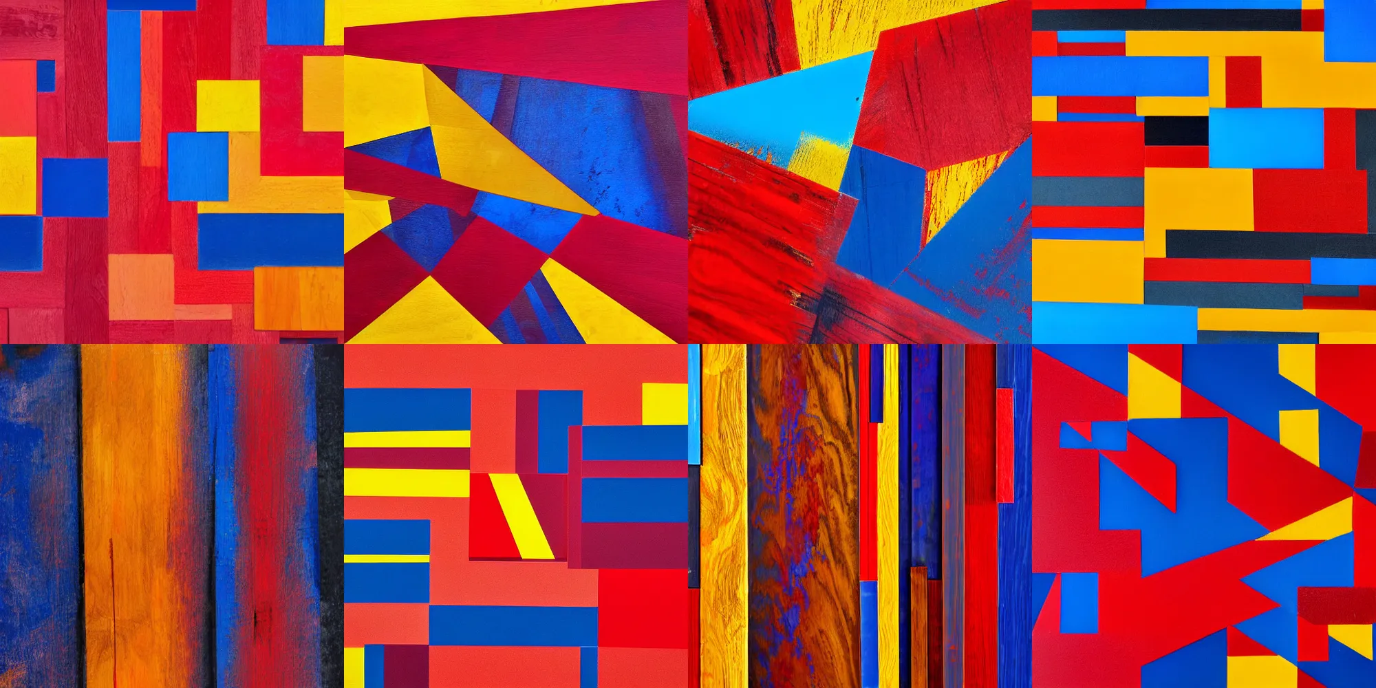 Prompt: an abstract composition made of red, yellow, and blue wood