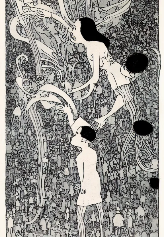 Image similar to a girl with black hair and a silver dress, detailed illustration, children's book, by winsor mccay