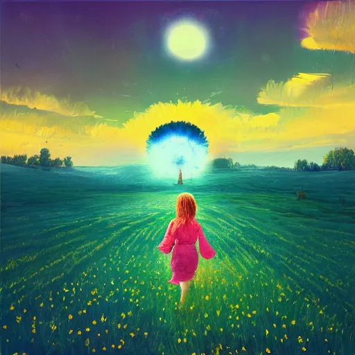 Image similar to giant daisy flower as a head, girl walking in flower field, surreal photography, night moon light, dramatic, impressionist painting, clouds, digital painting, artstation, simon stalenhag