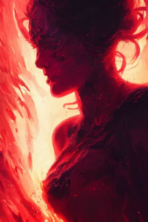 Prompt: a head and shoulder portrait of a goddess women engulfed in deep coloured flames by Greg Rutkowski, Sung Choi, Mitchell Mohrhauser, Maciej Kuciara, Johnson Ting, Maxim Verehin, Peter Konig, Bloodborne , 8k photorealistic, cinematic lighting, HD, high details, atmospheric , trending on artstation