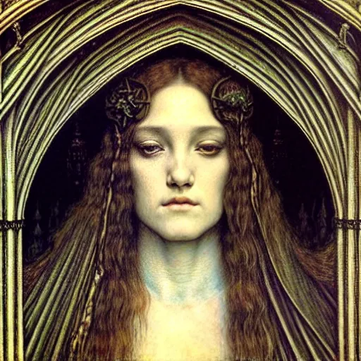 Image similar to detailed realistic beautiful young medieval queen face portrait by jean delville, gustave dore and marco mazzoni, art nouveau, symbolist, visionary, gothic, pre - raphaelite. horizontal symmetry